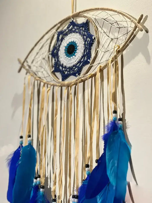 Handwoven Evil Eye Wall Art with Feathers