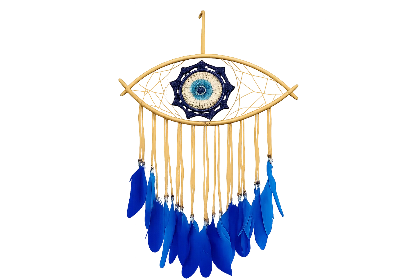 Handwoven Evil Eye Wall Art with Feathers