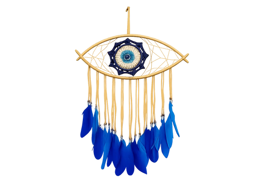 Handwoven Evil Eye Wall Art with Feathers